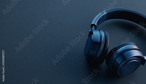 Headphones on a black background with copy space, a banner design. Minimalist style, with neon blue and gray colors.