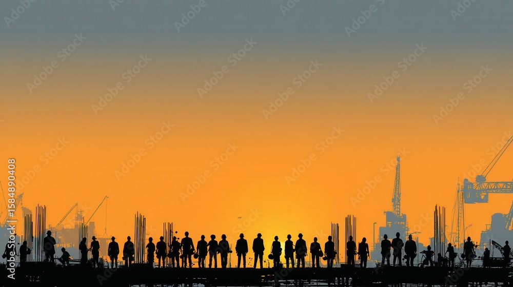 Silhouette of people in front of industrial landscape at sunset Silhouette of people in front of industrial landscape at sunset