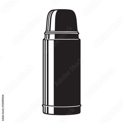 Black thermos flask with white stripes container beverage
