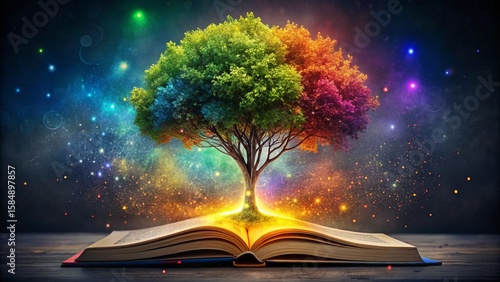 Magical rainbow tree growing from an open book with galaxy background

