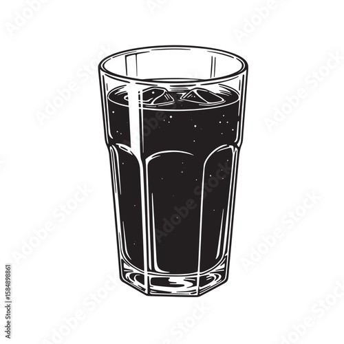 Tall glass filled with dark beverage and ice cubes liquid