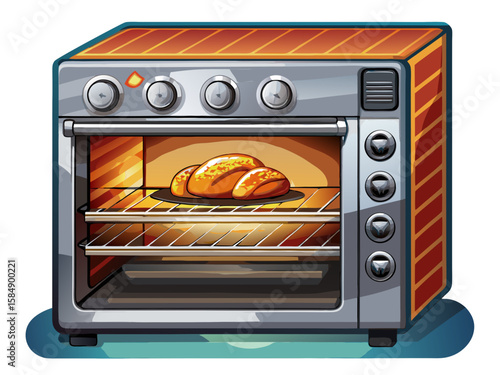 Realistic high-quality built-in oven with rotisserie function, isolated on white background. Modern kitchen appliance ideal for roasting rotisserie chicken in a suburban home. Vector illustration