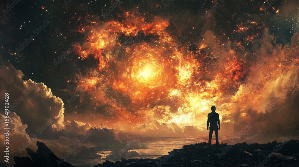Fototapeta premium A lone figure stands before a fiery celestial vortex, a swirling mass of cosmic energy and light.
