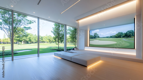 Modern indoor golf simulator room with a large screen displaying a golf course