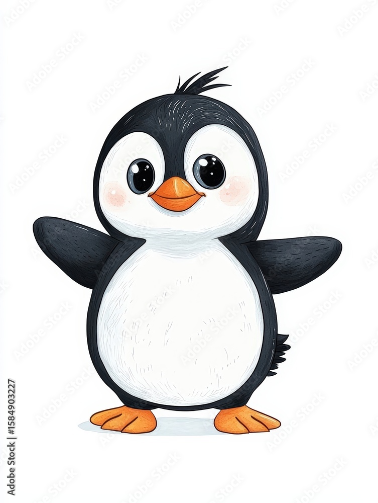 Fototapeta premium Cute Cartoon Penguin with Big Eyes and Open Arms on Bright White Background