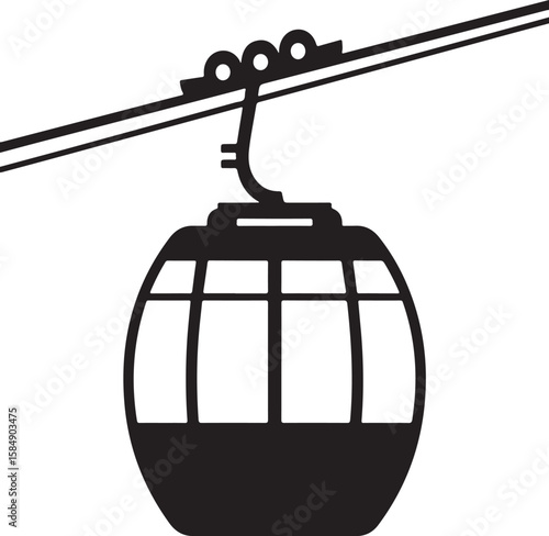 Modern cable car cabin suspended on a wire with a simple graphic design silhouette