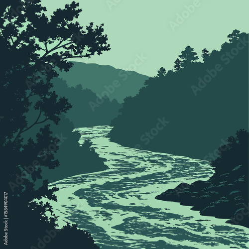 Serene River Landscape:  Tranquil Green Tones, Stylized Silhouette Illustration of a Winding River Through Lush Forest and Mountains.