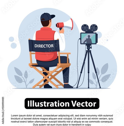 Film director shouting instructions through megaphone on set, overseeing movie production.