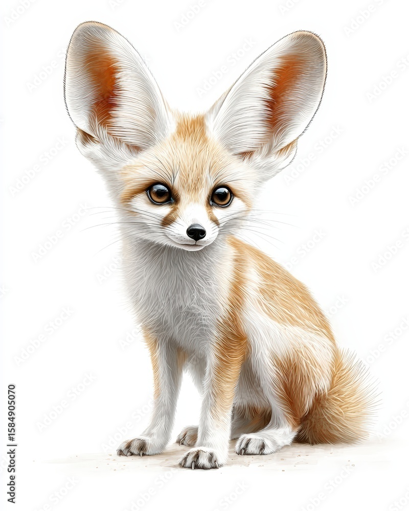 Obraz premium Adorable Fennec Fox with Large Ears and Fluffy Coat Posing Against a White Background