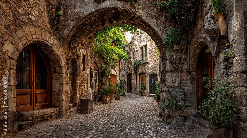 Fototapeta premium Charming Medieval Village Street with Stone Arches and Cobblestone Pathway