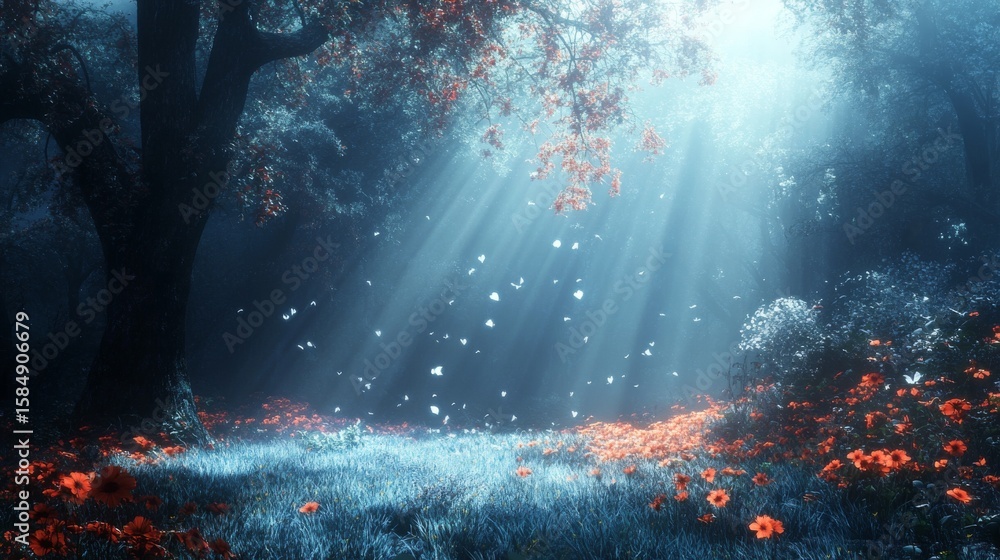 Fototapeta premium Sunbeams pierce through a mystical forest, illuminating red flowers and white butterflies.