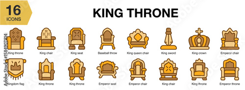 King Throne flat icon set. Includes king, throne, royal, crown, monarch, and More. Flat icons vector collection.