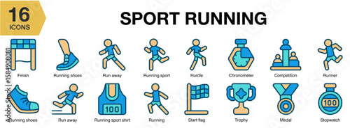 Sport Running flat icon set. Includes running, sport, athlete, fitness, training, and More. Flat icons vector collection.
