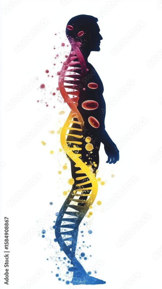 Fototapeta premium Human silhouette emphasizing the colon and DNA strands.