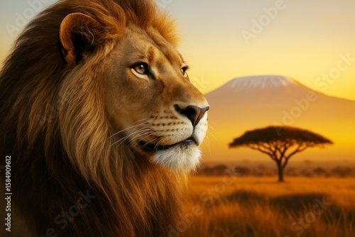 Majestic lion close-up with golden light and savanna background under mountain peak at sunset in creative wildlife concept illustration.