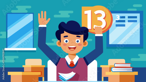 Illustration of 13   student raising hand in a bright  modern clas #4506