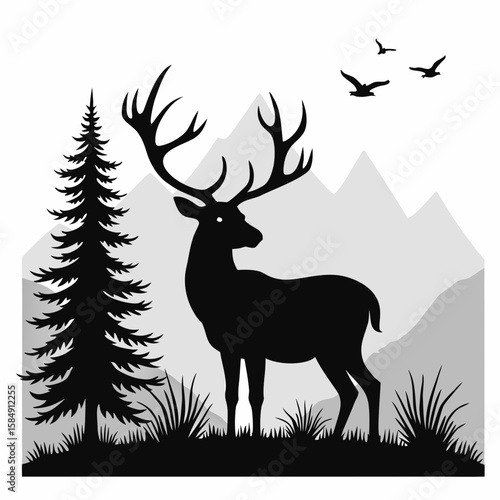 Majestic stag stands tall amidst mountain landscape with soaring birds antlers silhouette