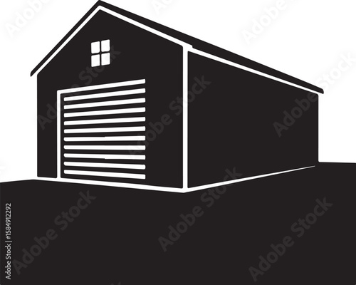Simple black silhouette of a detached garage with a roll up door and window