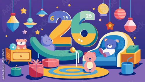 Illustration of 26   nap area setup with soft beds  plush toys  an #7738