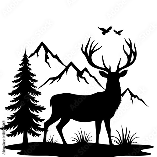 Majestic stag with antlers in mountain landscape silhouette mountains