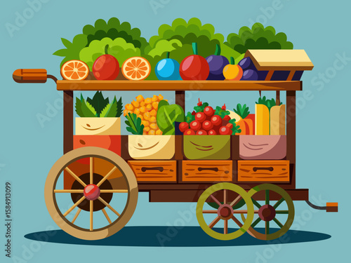 vector of A wheeled wooden cart on which edible vegetables are arranged separately, ready for sale....