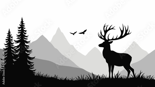 Majestic stag with large antlers stands in grassy field with mountains and birds