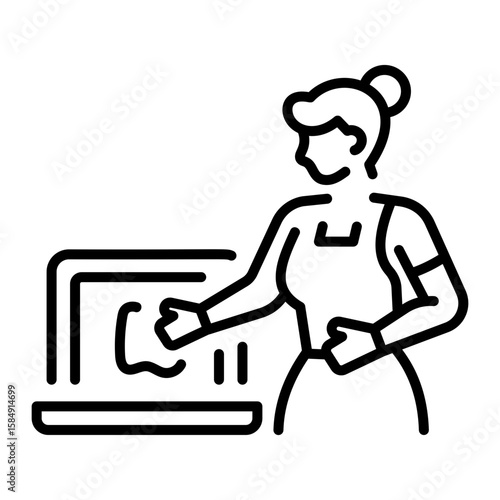 A line style icon showing laptop cleaning