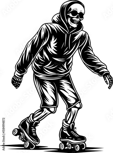 SVG of skull hip urban skeleton with a cool, vibrant vibe. Skeleton in Sweater Riding Roller Skates in Black and White Style