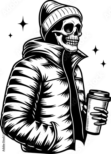 SVG of skull hip urban skeleton with a cool, vibrant vibe. Stylish Skeleton in Winter Jacket and Beanie Holding Coffee Cup