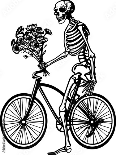 SVG of skull hip urban skeleton with a cool, vibrant vibe. Skeleton Riding Bicycle with Flowers in Hand for Halloween Theme