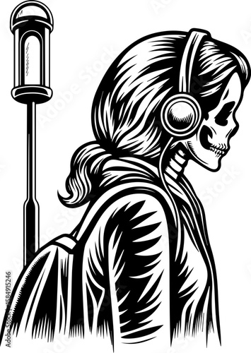 SVG of skull hip urban skeleton with a cool, vibrant vibe. Skeleton Figure with Headphones and Backpack in Vintage Style