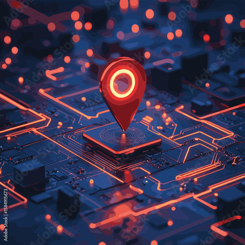 Digital map pin over circuit board, AI geolocation and GPS navigation futuristic tech concept, vector style simple color