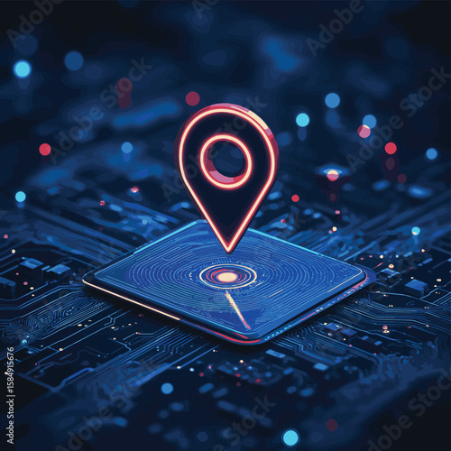 Digital map pin over circuit board, AI geolocation and GPS navigation futuristic tech concept, vector style simple color