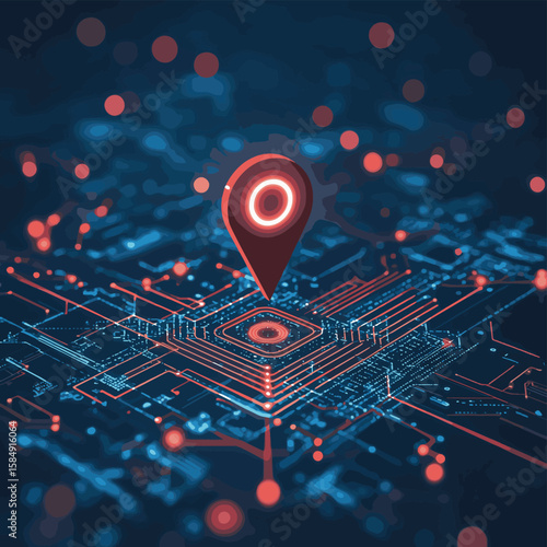 Digital map pin over circuit board, AI geolocation and GPS navigation futuristic tech concept, vector style simple color