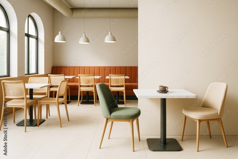 Fototapeta premium Contemporary cafe interior with minimalist furniture, soft natural light, and elegant modern design in neutral color palette on clean background.