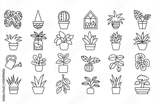Collection of line icons showcasing various plants in pots, including cacti, succulents, hanging planters, and flowerpots, with watering can and bonsai tree.