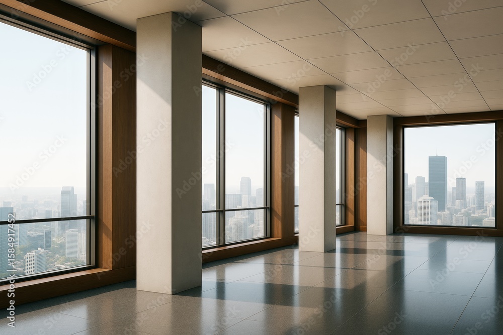 Fototapeta premium Modern high-rise interior with large windows and city skyline view, showcasing contemporary architecture and natural light. Ai generative.
