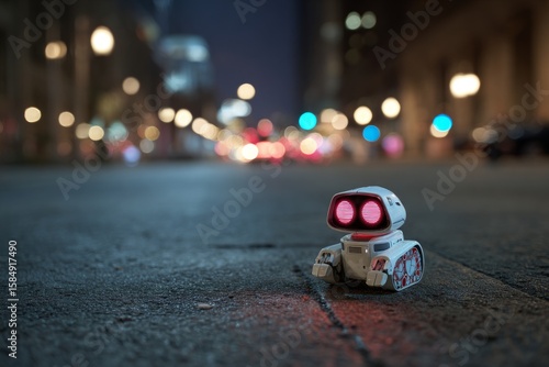 Fototapeta Naklejka Na Ścianę i Meble -  Adorable robot exploring lively city streets at night, surrounded by bokeh lights and urban charm