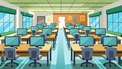 Illustration of Computer lab classroom with rows of monitors an #4039