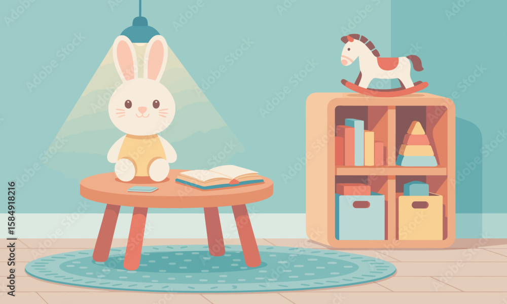 Fototapeta premium Cozy Nursery Scene with Bunny and Rocking Horse