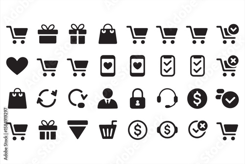 Set of black vector icons illustrating online shopping features, including carts, payment icons, wishlist, and customer service.