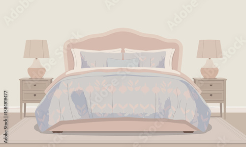 A bedroom interior featuring a bed with a light pink headboard, white pillows, and a light blue comforter flanked by matching nightstands and lamps.