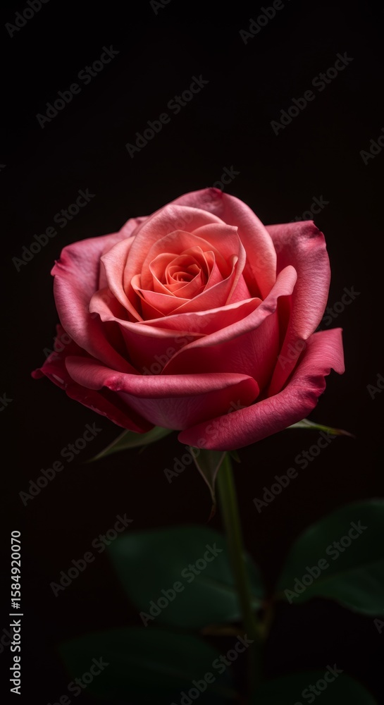 Fototapeta premium Stunning Pink Rose Close-Up on Black Background