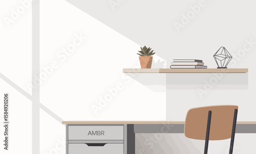 A minimalist illustration of a workspace featuring a desk, chair, shelf with books, plant, and geometric object, bathed in sunlight.