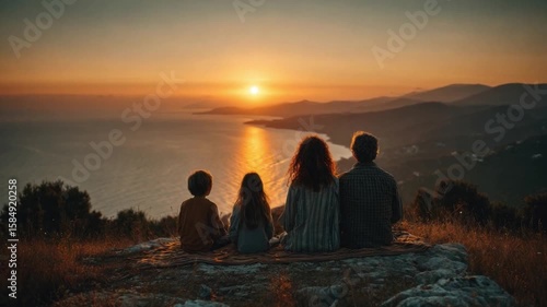 Family of four watching sunset over ocean and mountains from hillside at dusk with warm colors and peaceful atmosphere