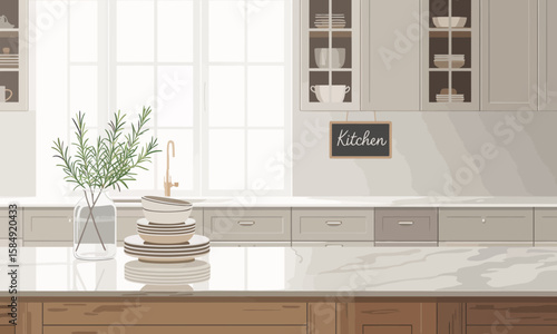 Bright kitchen interior with stacked plates, rosemary in a vase on a marble countertop, cabinets, and a window.
