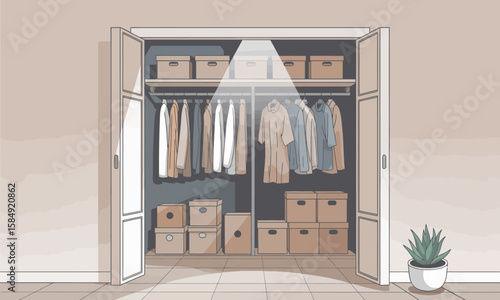 Organized Wardrobe Interior with Clothing and Storage Boxes