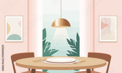 Illustration of a dining room featuring a round wooden table set for a meal, with two chairs, artwork, and a hanging lamp.