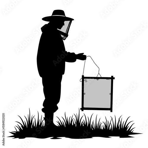 Beekeeper in protective suit holding a frame beekeeping veil