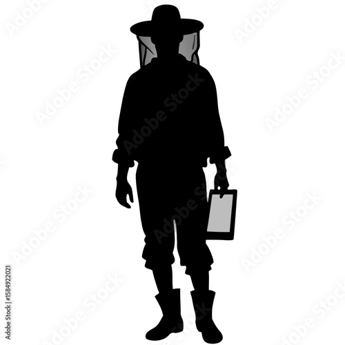 Beekeeper in protective suit holding a tablet person veil